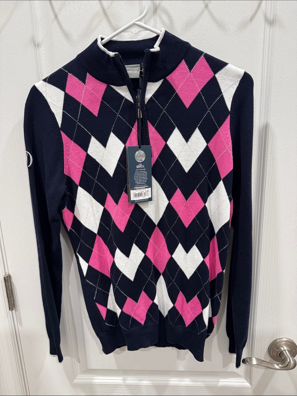Argyle Zip-Front Turtleneck Sweater - Navy, Pink & White